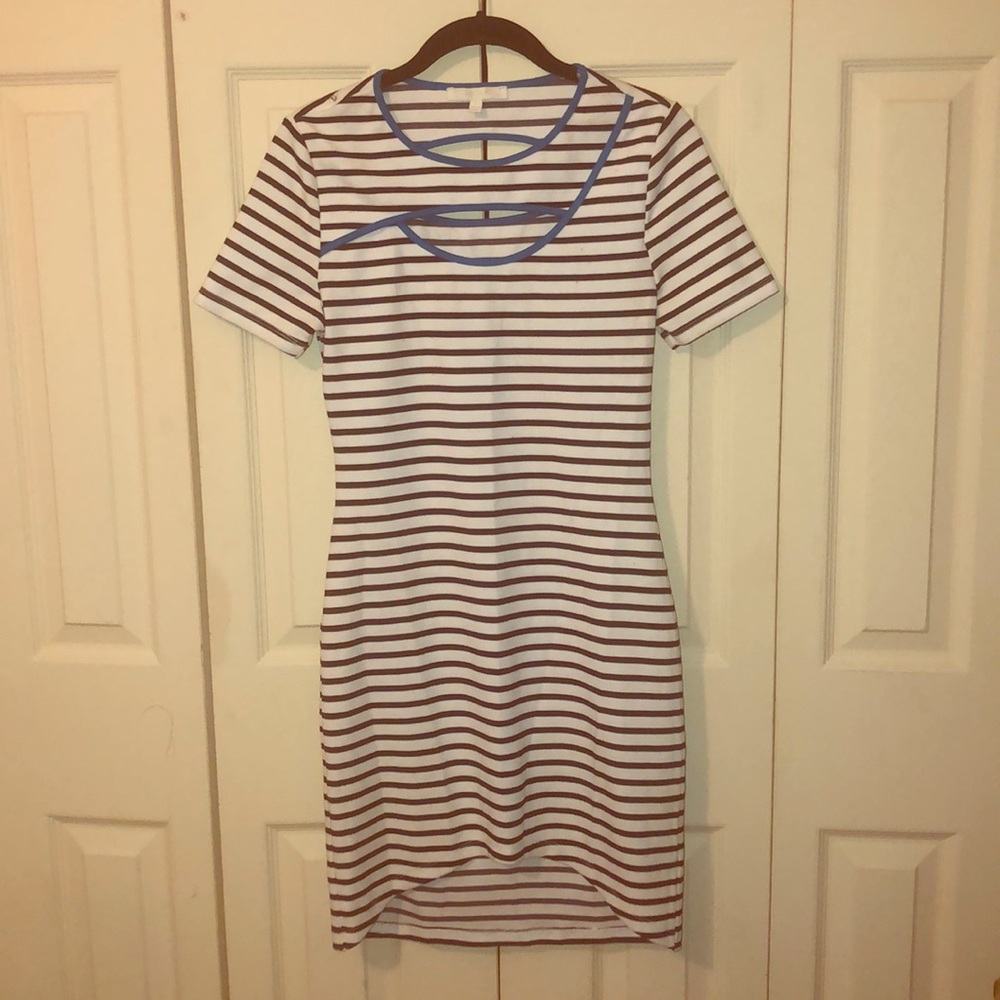 Aryn K stretch striped dress. High low cut.